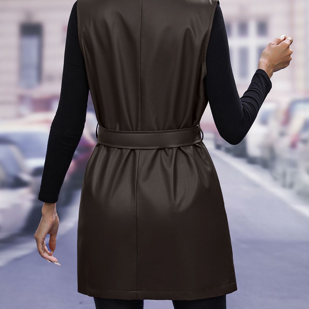 TIOZONEY - Chaqueta de piel Slim Fit sin mangas