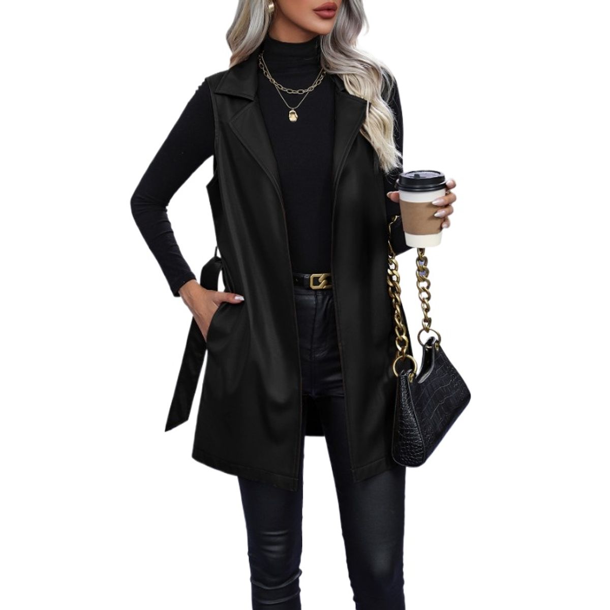 TIOZONEY - Chaqueta de piel Slim Fit sin mangas