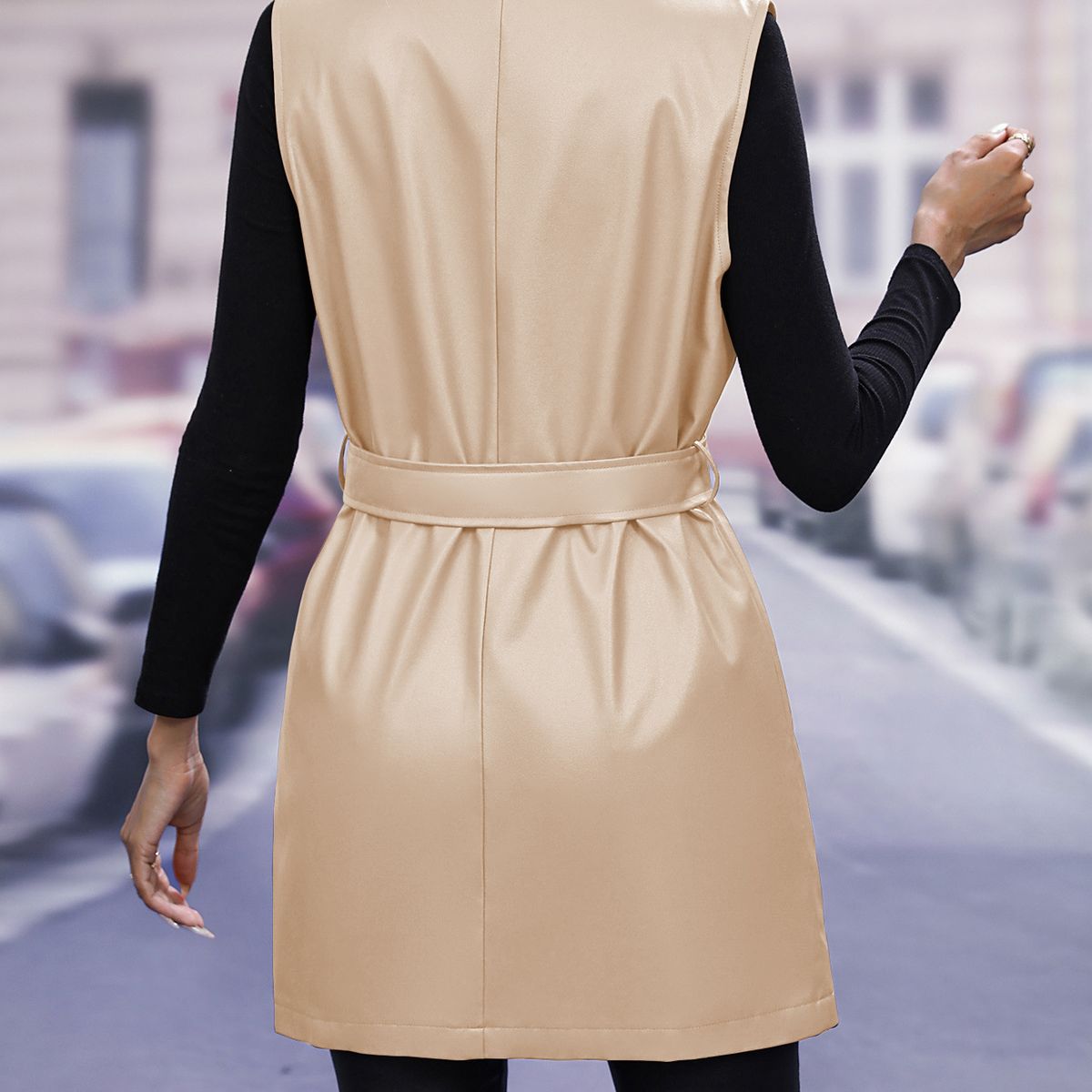 TIOZONEY - Chaqueta de piel Slim Fit sin mangas