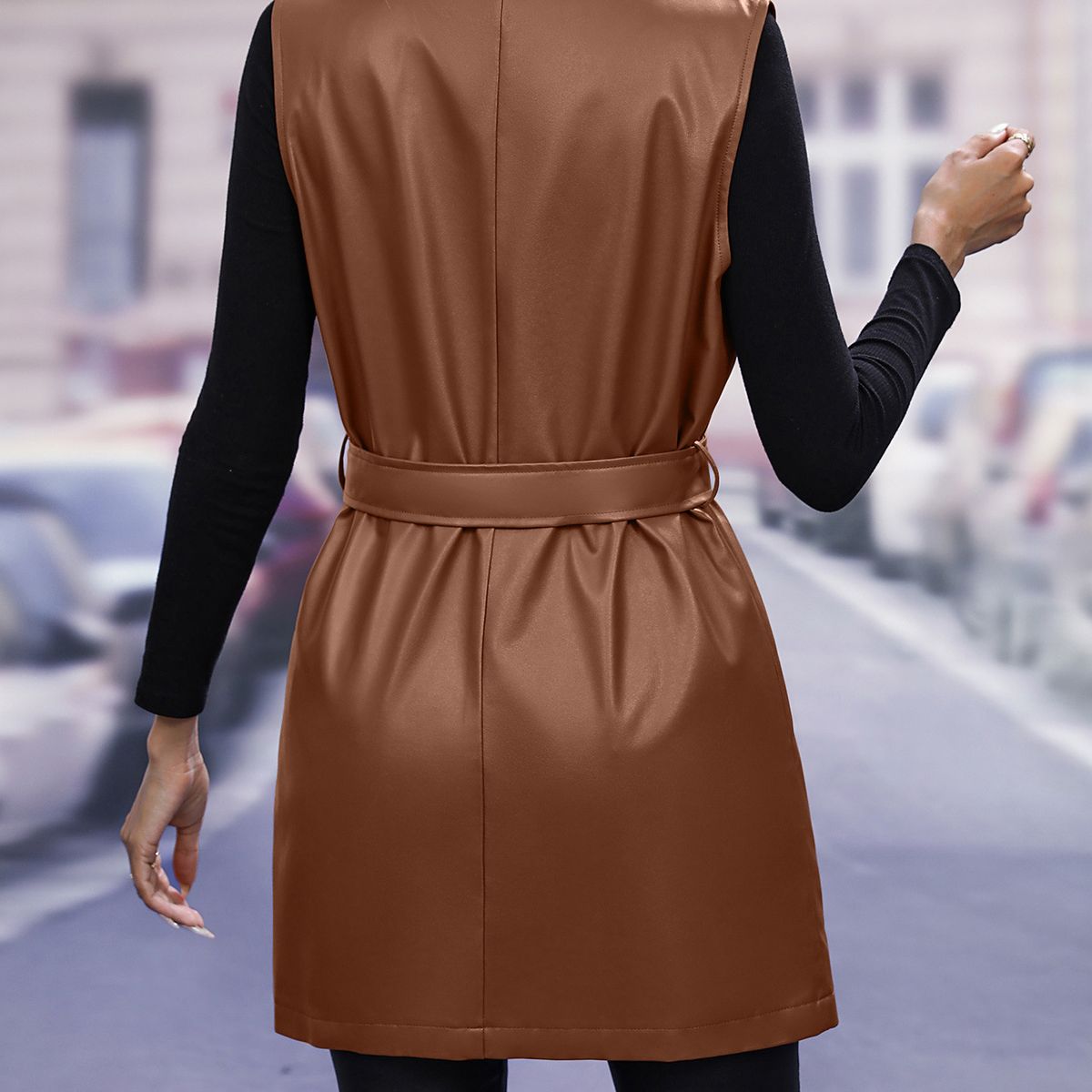 TIOZONEY - Chaqueta de piel Slim Fit sin mangas