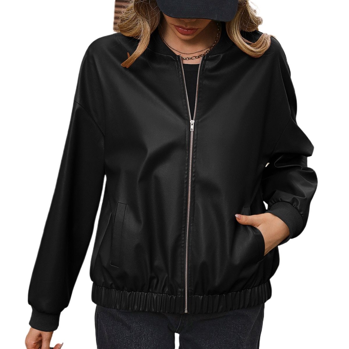 TIOZONEY - Chaqueta de PU con cremallera para mujer Loose