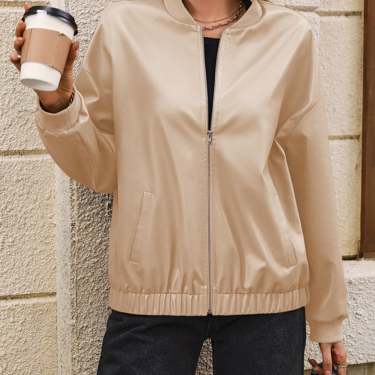 TIOZONEY - Chaqueta de PU con cremallera para mujer Loose