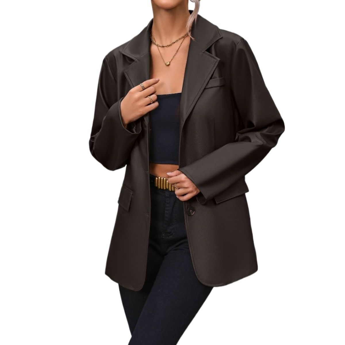 TIOZONEY - Chaqueta de PU con solapa abotonada