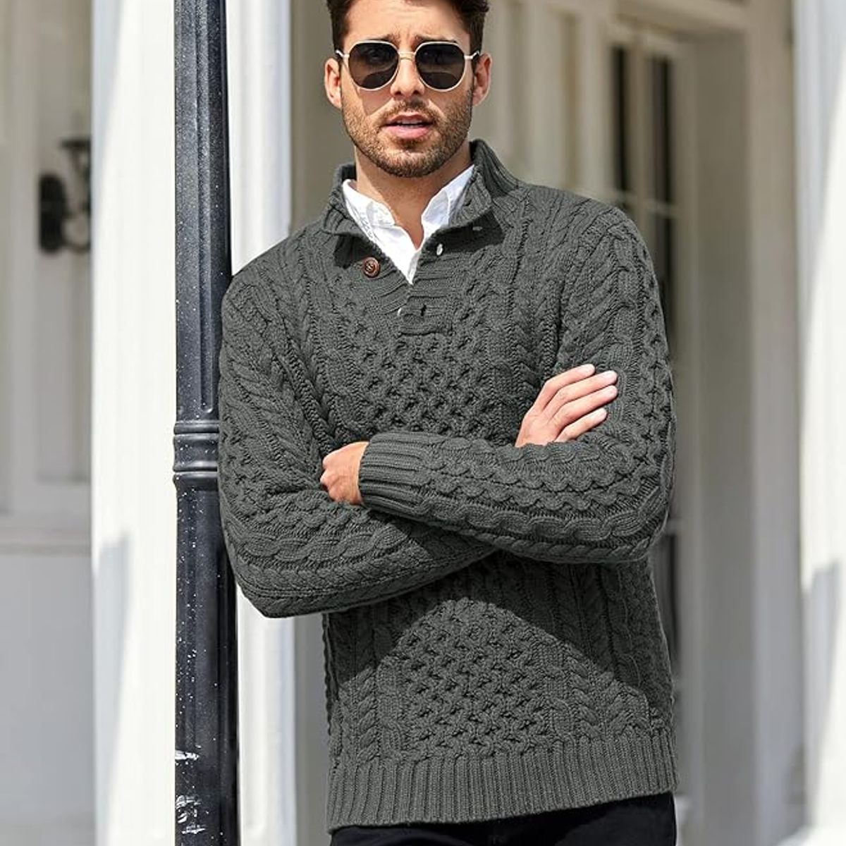 TIOZONEY - Suéter de hombre con cuello alto y botones