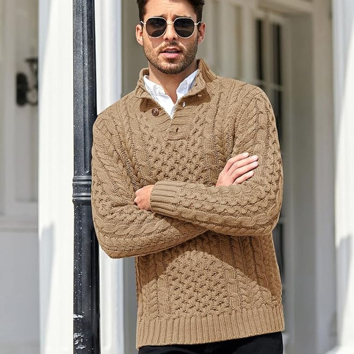 TIOZONEY - Suéter de hombre con cuello alto y botones