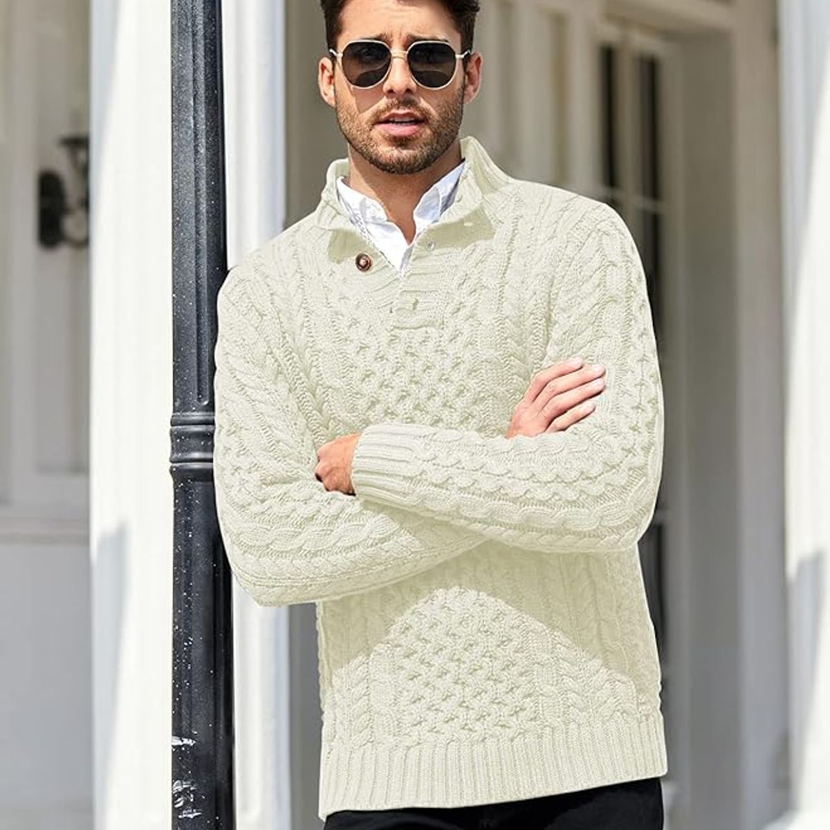 TIOZONEY - Suéter de hombre con cuello alto y botones