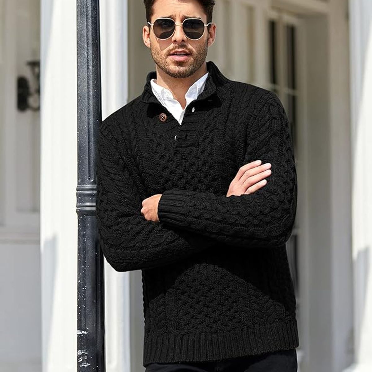 TIOZONEY - Suéter de hombre con cuello alto y botones
