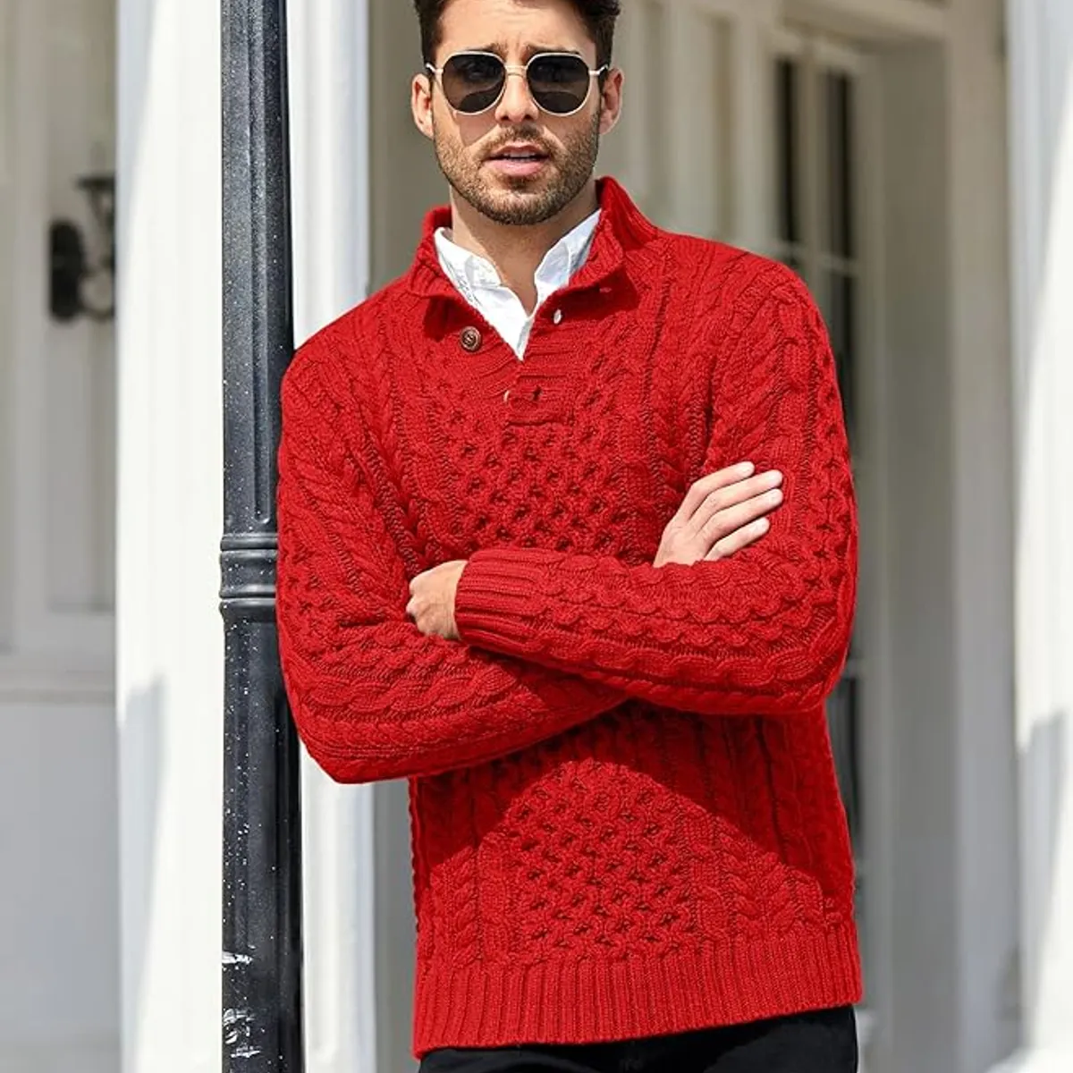 TIOZONEY - Suéter de hombre con cuello alto y botones