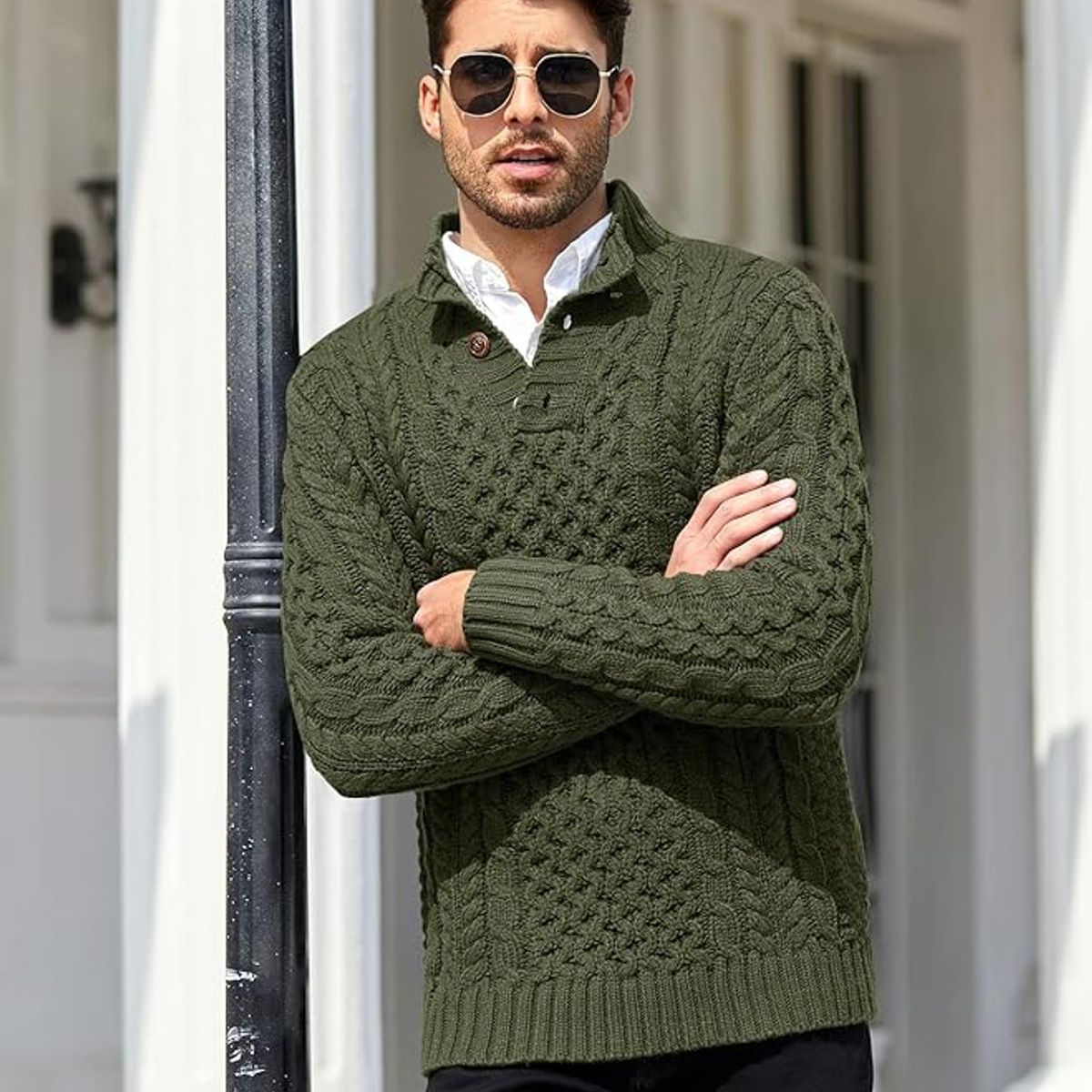 TIOZONEY - Suéter de hombre con cuello alto y botones