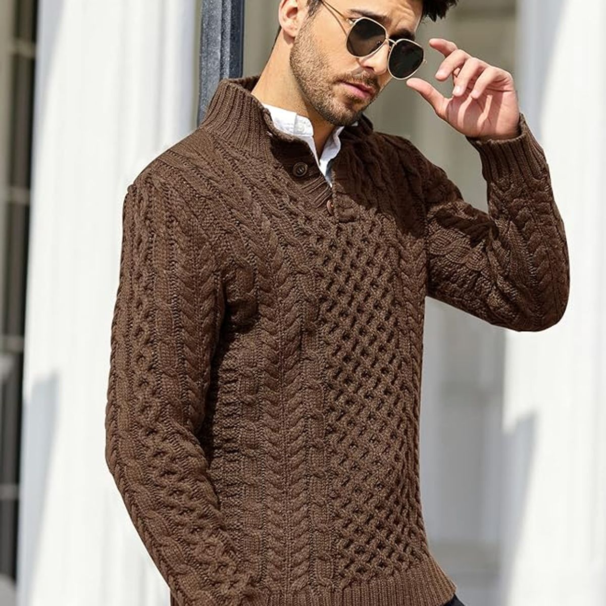 TIOZONEY - Suéter de hombre con cuello alto y botones