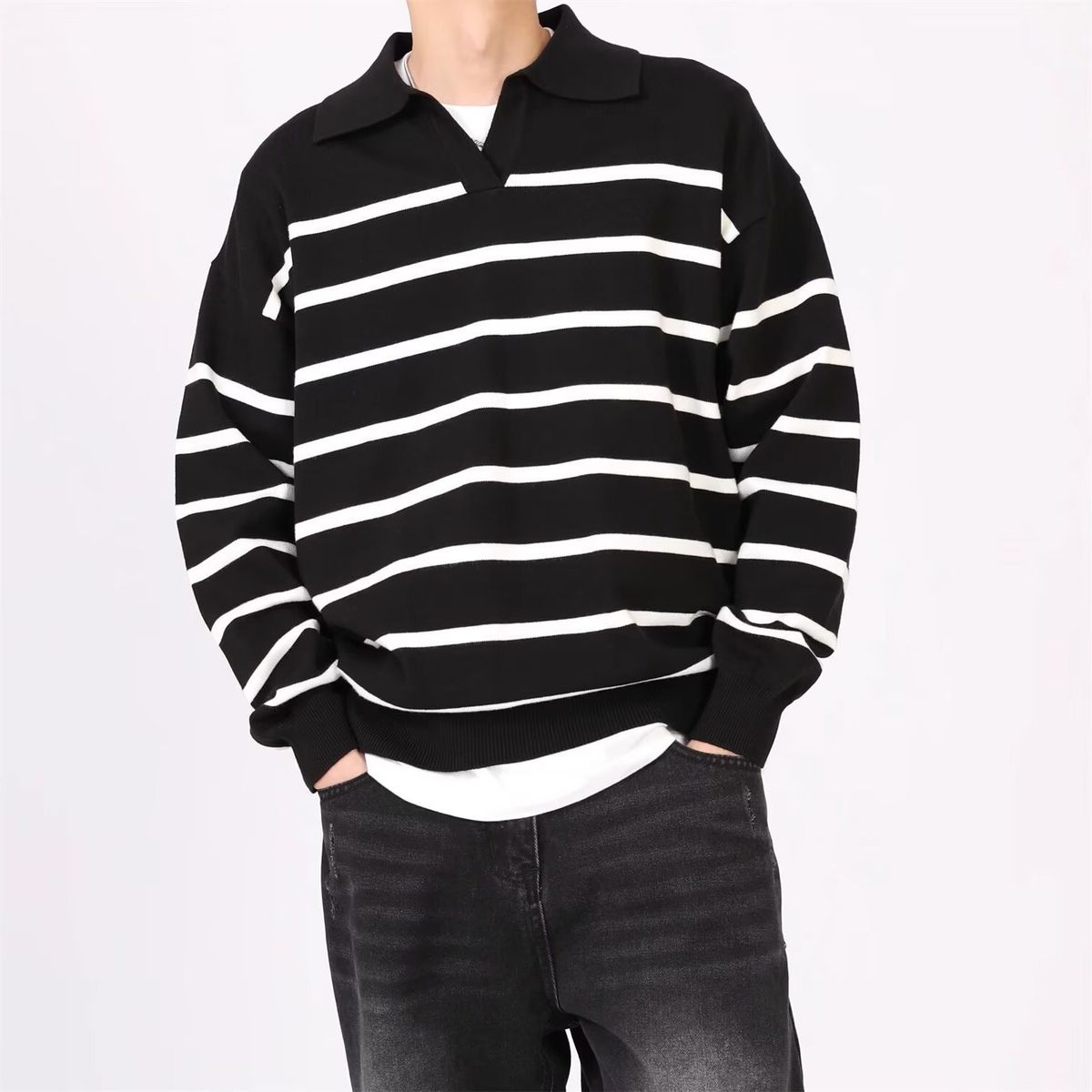 TIOZONEY - Suéter polo de punto para hombres de manga larga