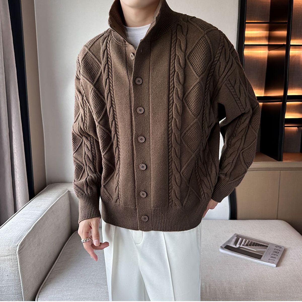 TIOZONEY - Suéter grueso de punto sólido para hombres