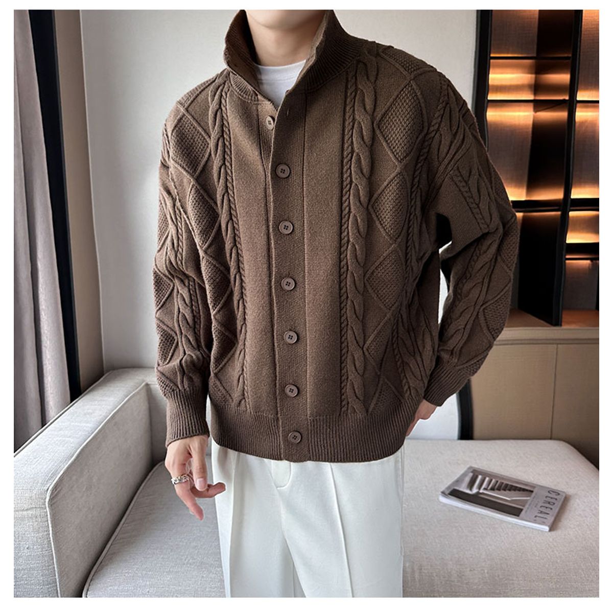 TIOZONEY - Suéter grueso de punto sólido para hombres