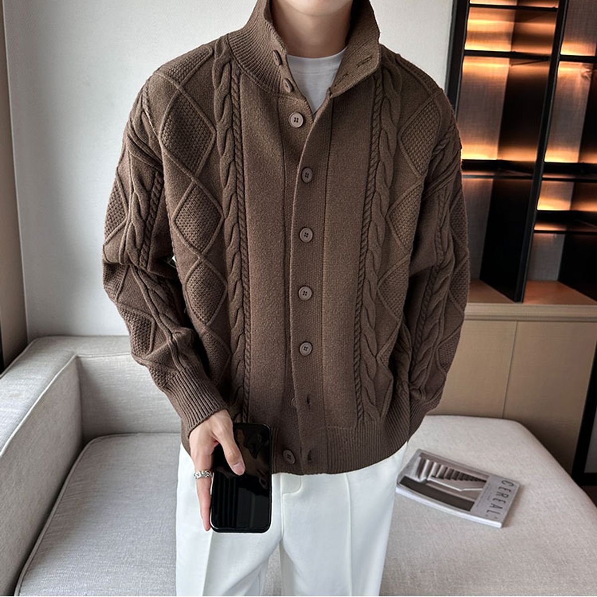 TIOZONEY - Suéter grueso de punto sólido para hombres