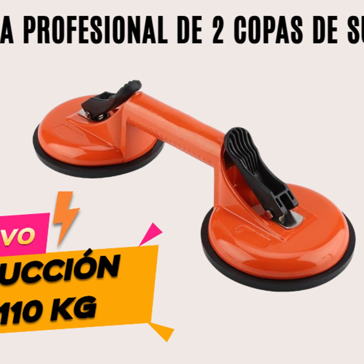 GENERICO - VENTOSA PROFESIONAL 110KG DE 2 COPAS DE SUCCIÓN VIDRIO PORCELANATO CERÁMICA MÁRMOL
