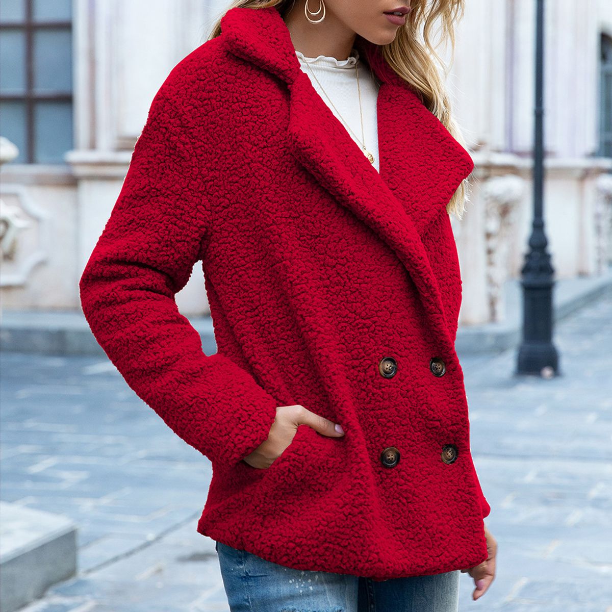 TIOZONEY - Chaqueta de felpa para mujer- Rojo