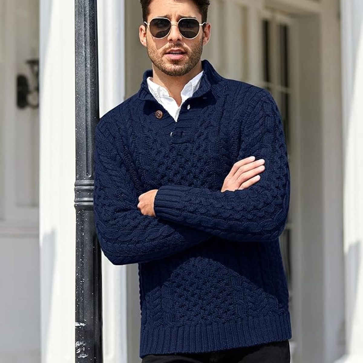 TIOZONEY - Suéter de hombre con cuello alto y botones