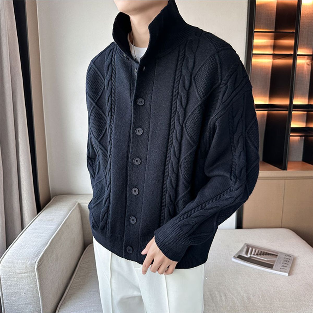 TIOZONEY - Suéter grueso de punto sólido para hombres