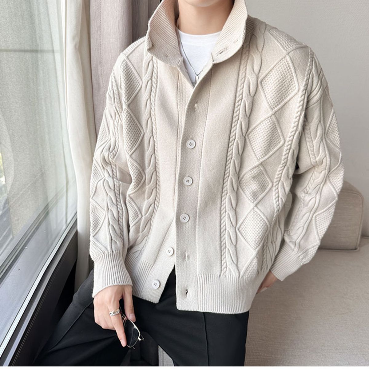 TIOZONEY - Suéter grueso de punto sólido para hombres