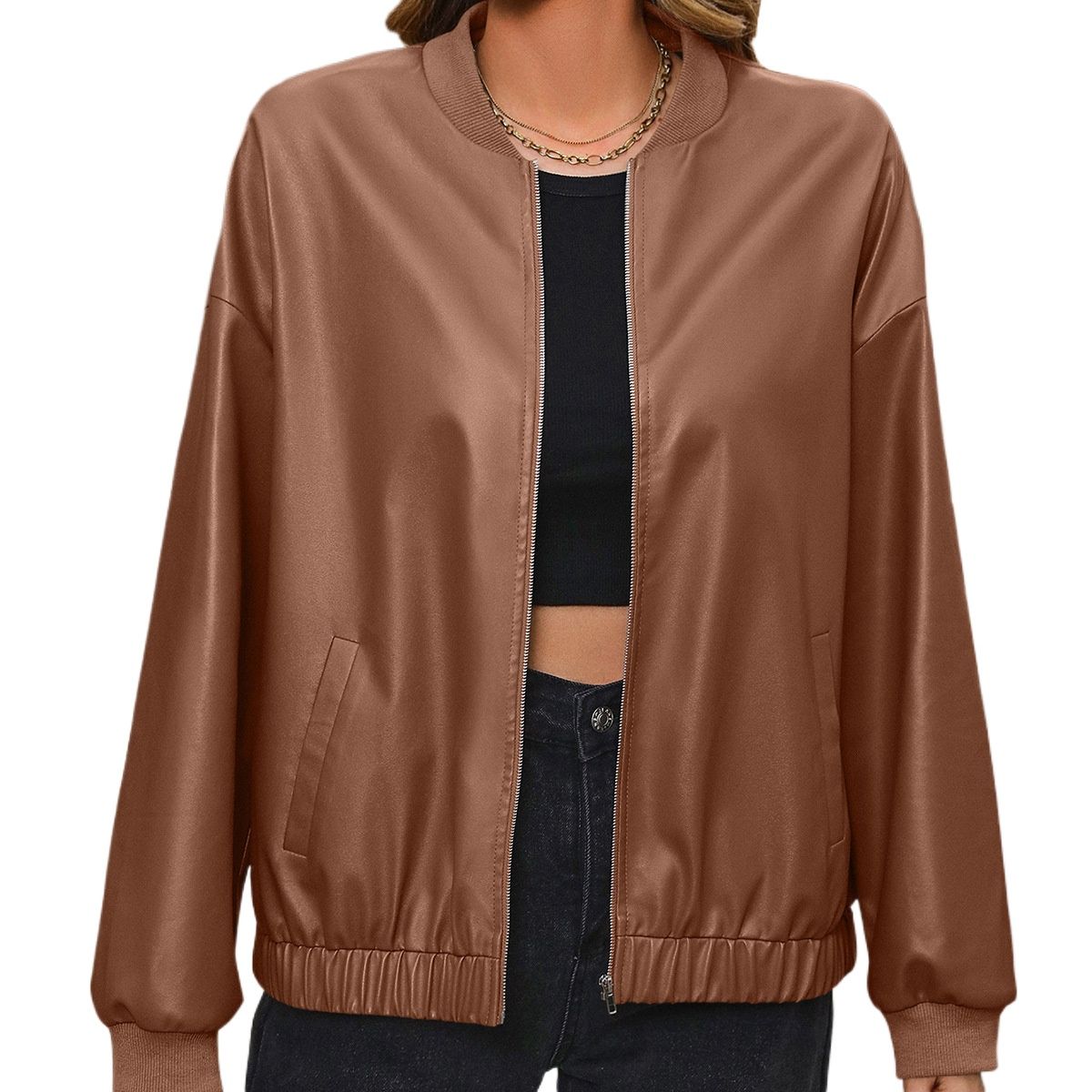 TIOZONEY - Chaqueta de PU con cremallera para mujer Loose