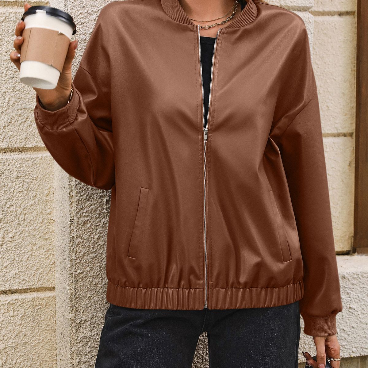 TIOZONEY - Chaqueta de PU con cremallera para mujer Loose