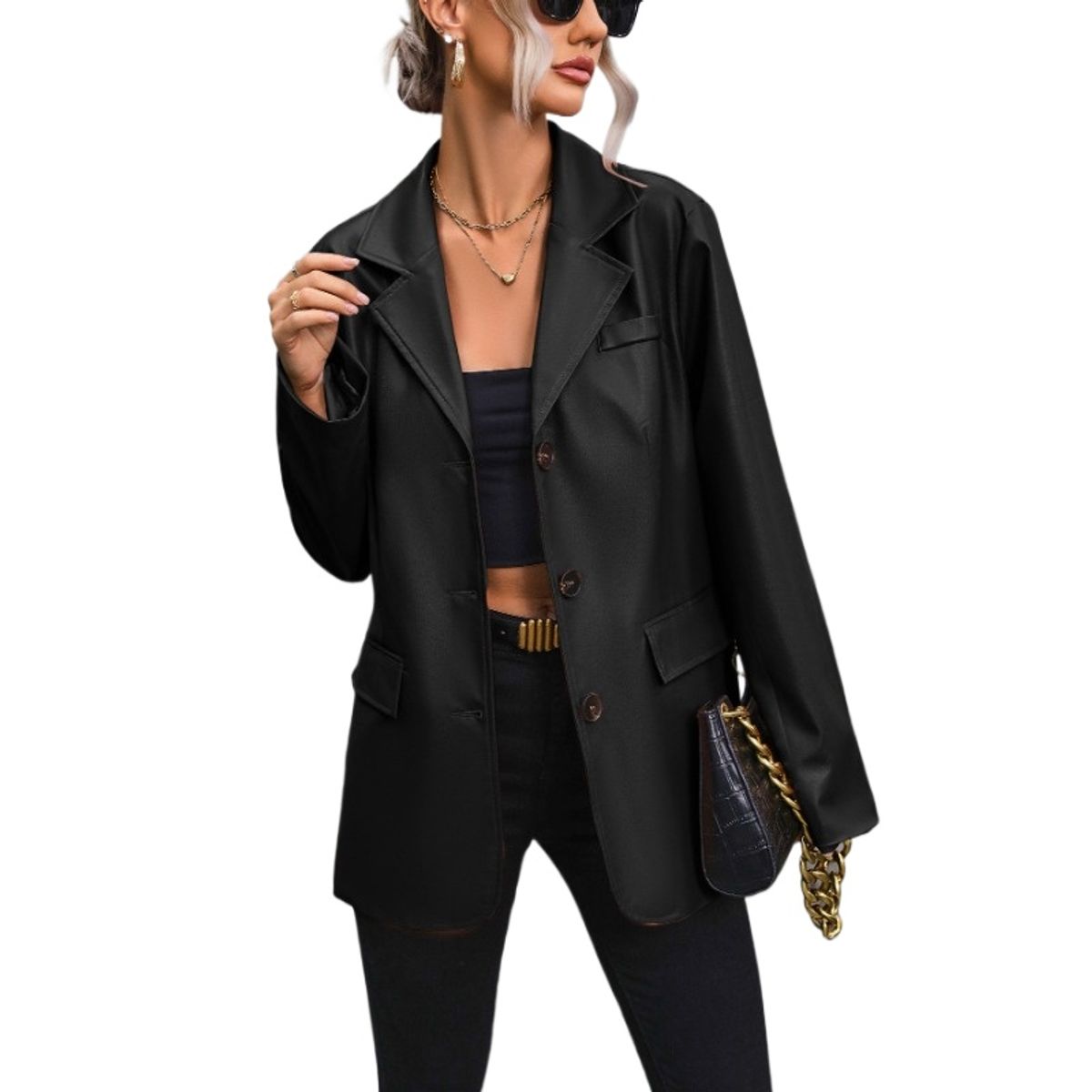 TIOZONEY - Chaqueta de PU con solapa abotonada