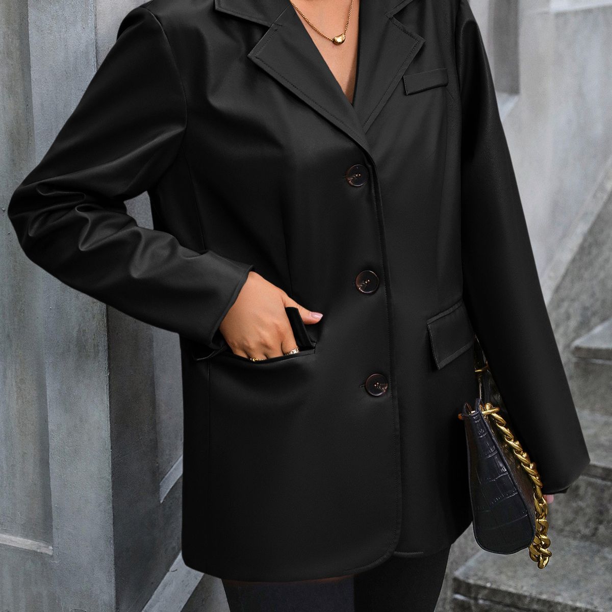 TIOZONEY - Chaqueta de PU con solapa abotonada