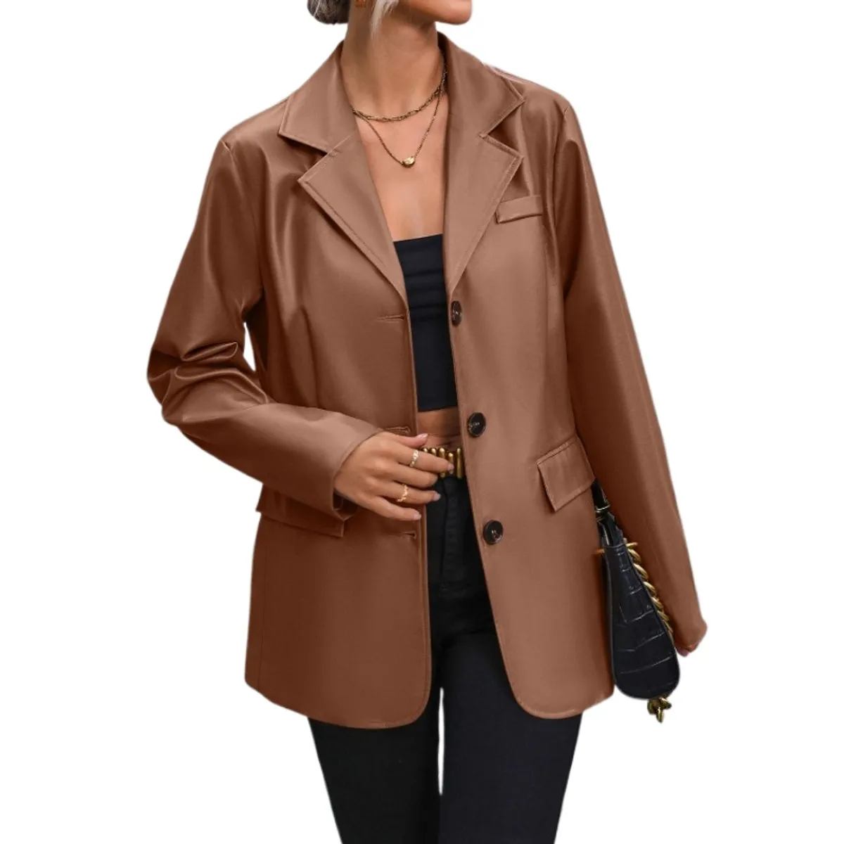 TIOZONEY - Chaqueta de PU con solapa abotonada