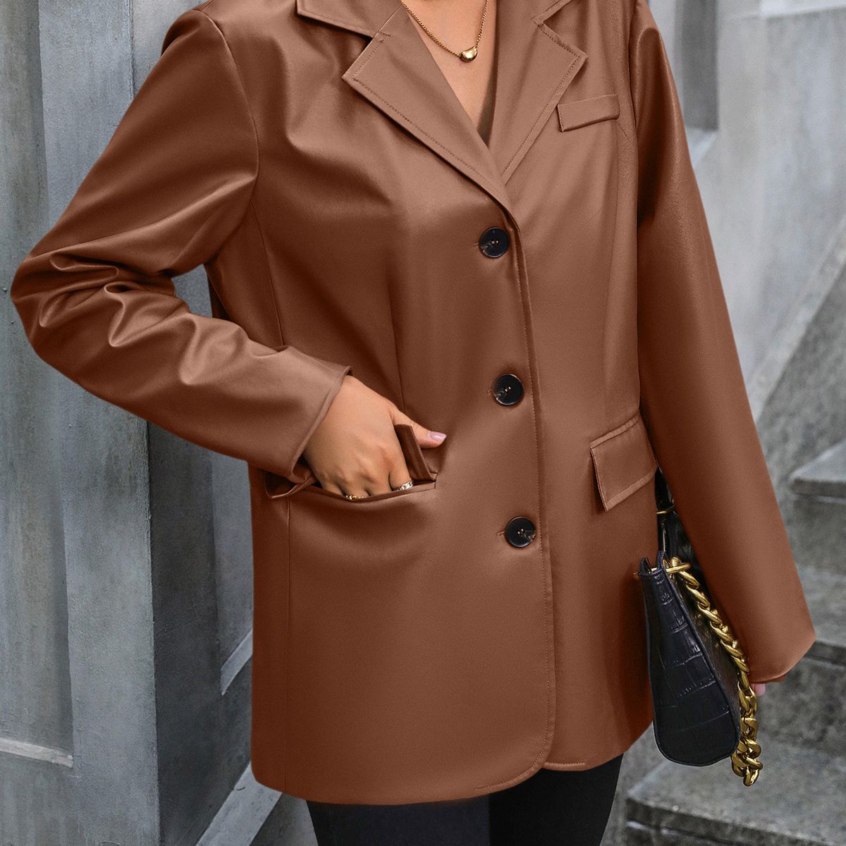 TIOZONEY - Chaqueta de PU con solapa abotonada