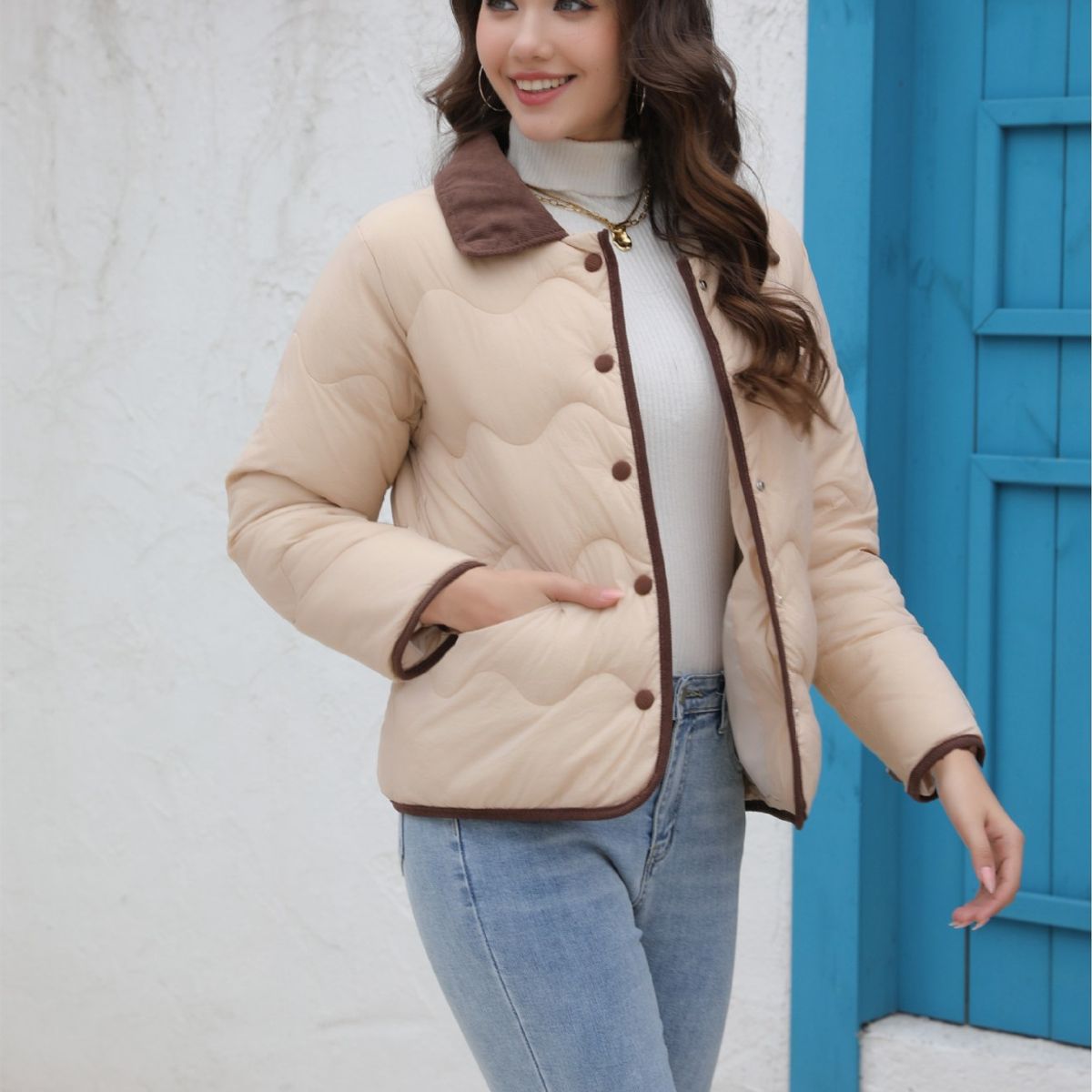 TIOZONEY - Parka Manga Larga Mujer - Beige