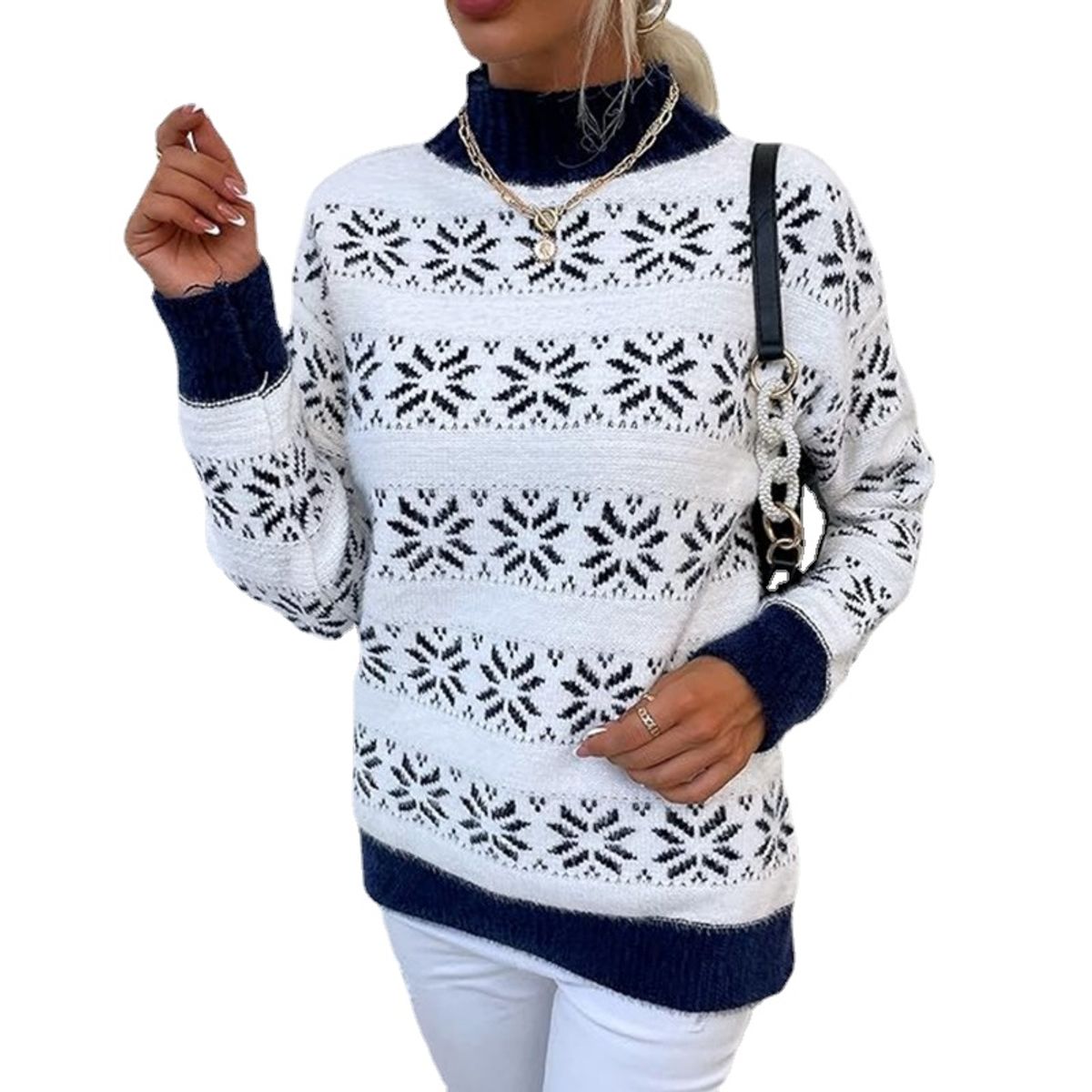 TIOZONEY - Sweater Cuello Alto con diseño para mujer - Azul