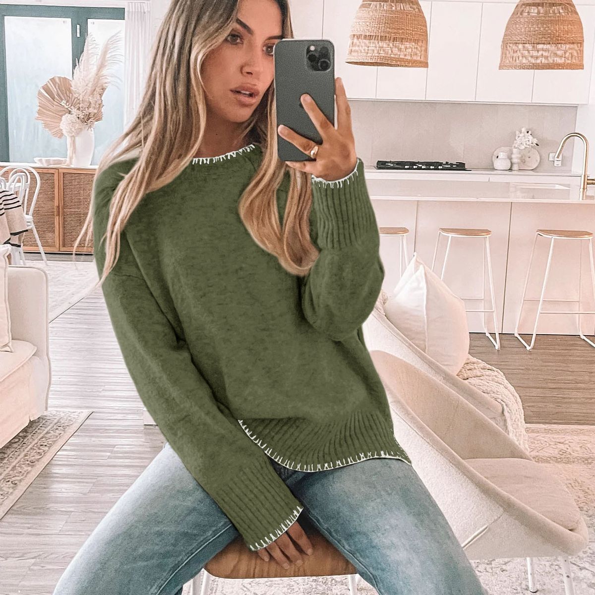 TIOZONEY - Sweater de mujer con cuello redondo