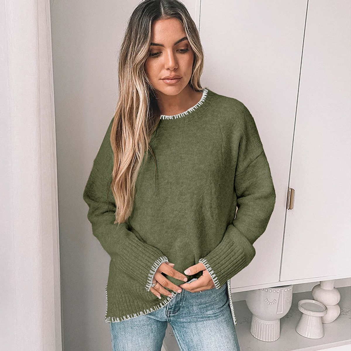 TIOZONEY - Sweater de mujer con cuello redondo