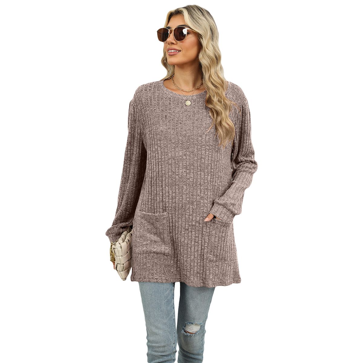 TIOZONEY - Cuello redondo de mujer y manga larga