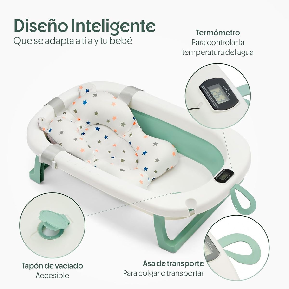 GENERICO - BAÑERA PARA BEBE PLEGABLE CON TERMOMETRO Y COJIN PREMIUM