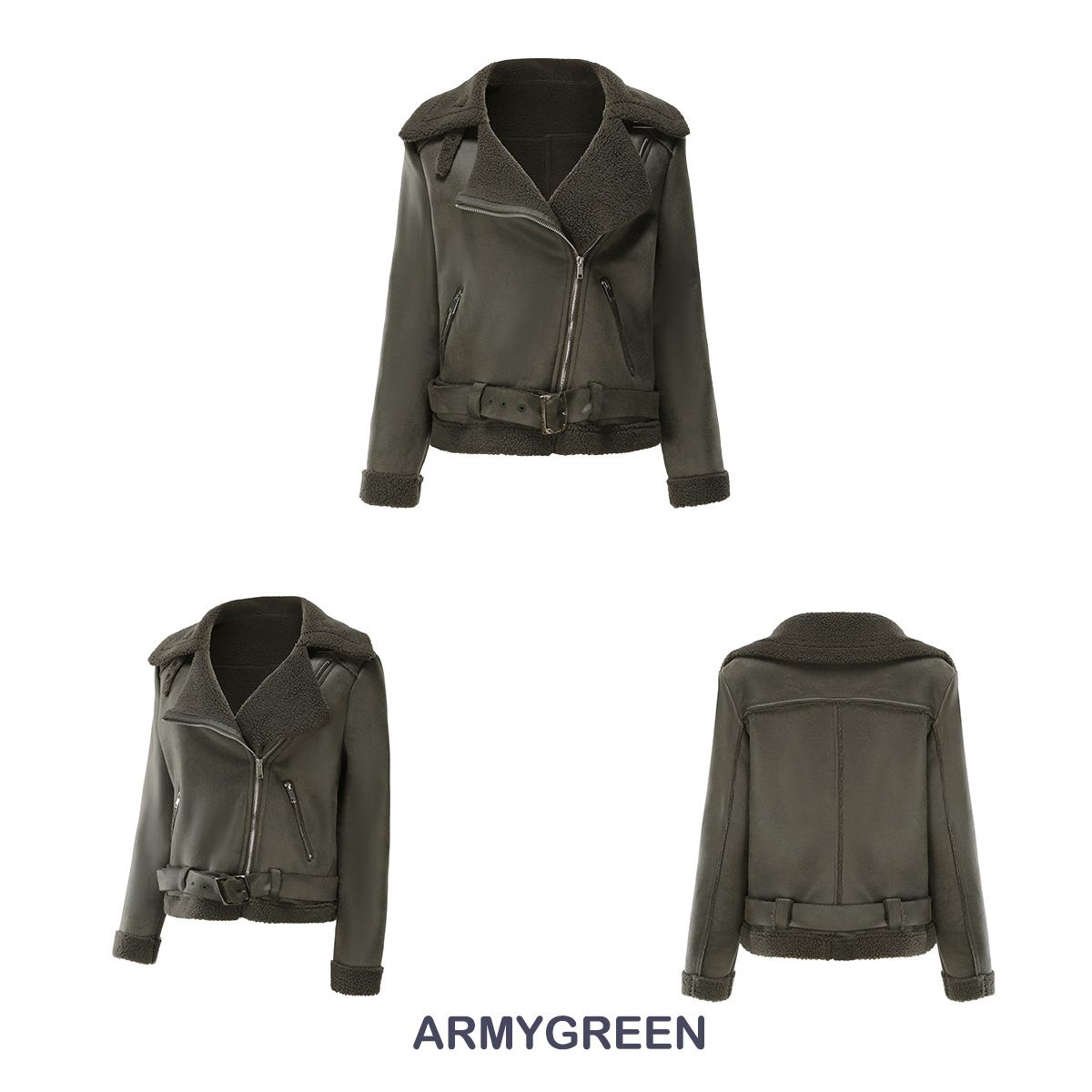 TIOZONEY - Chaqueta cálida de PU con cinturón para mujer - Verd