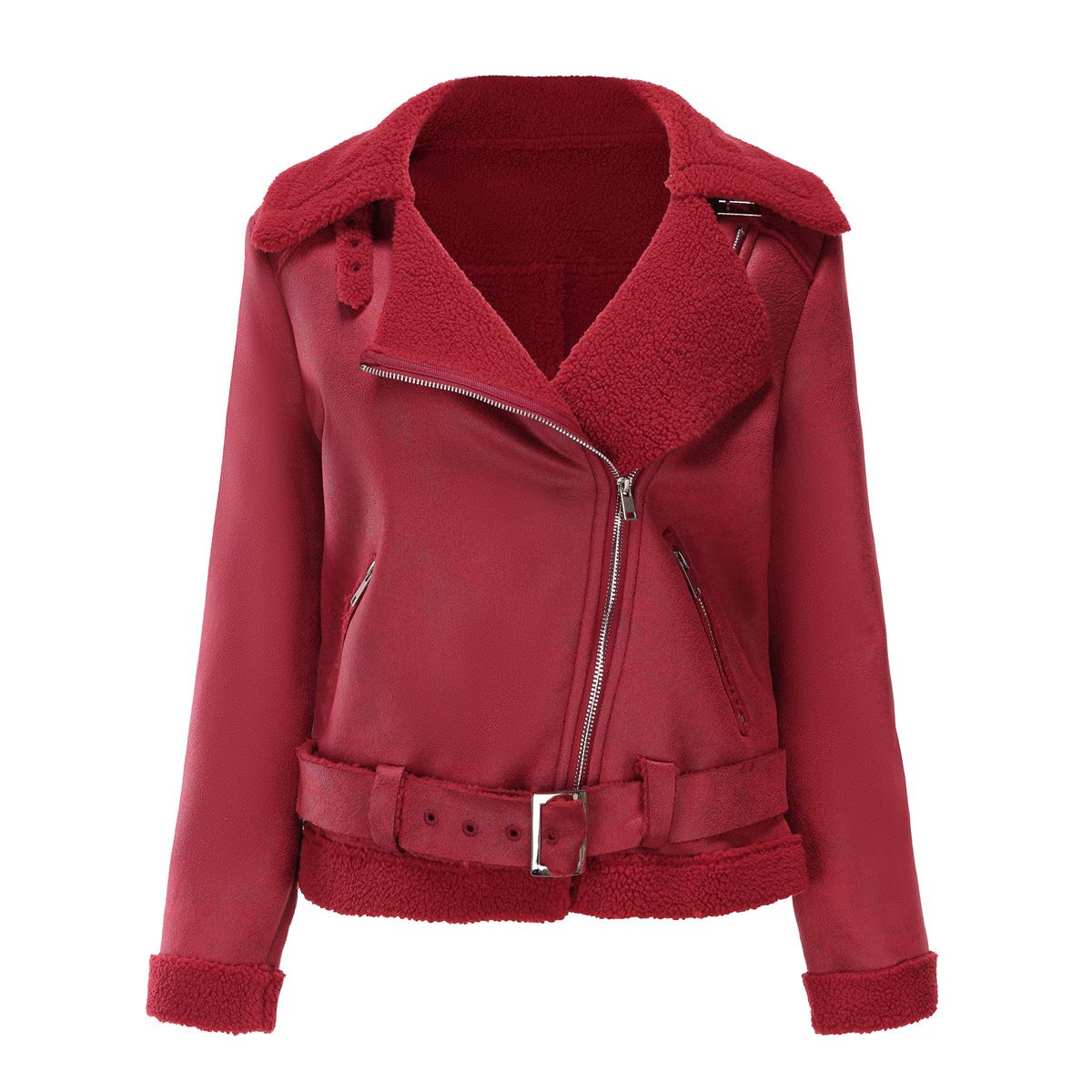 TIOZONEY - Chaqueta cálida de PU con cinturón para mujer - Rojo