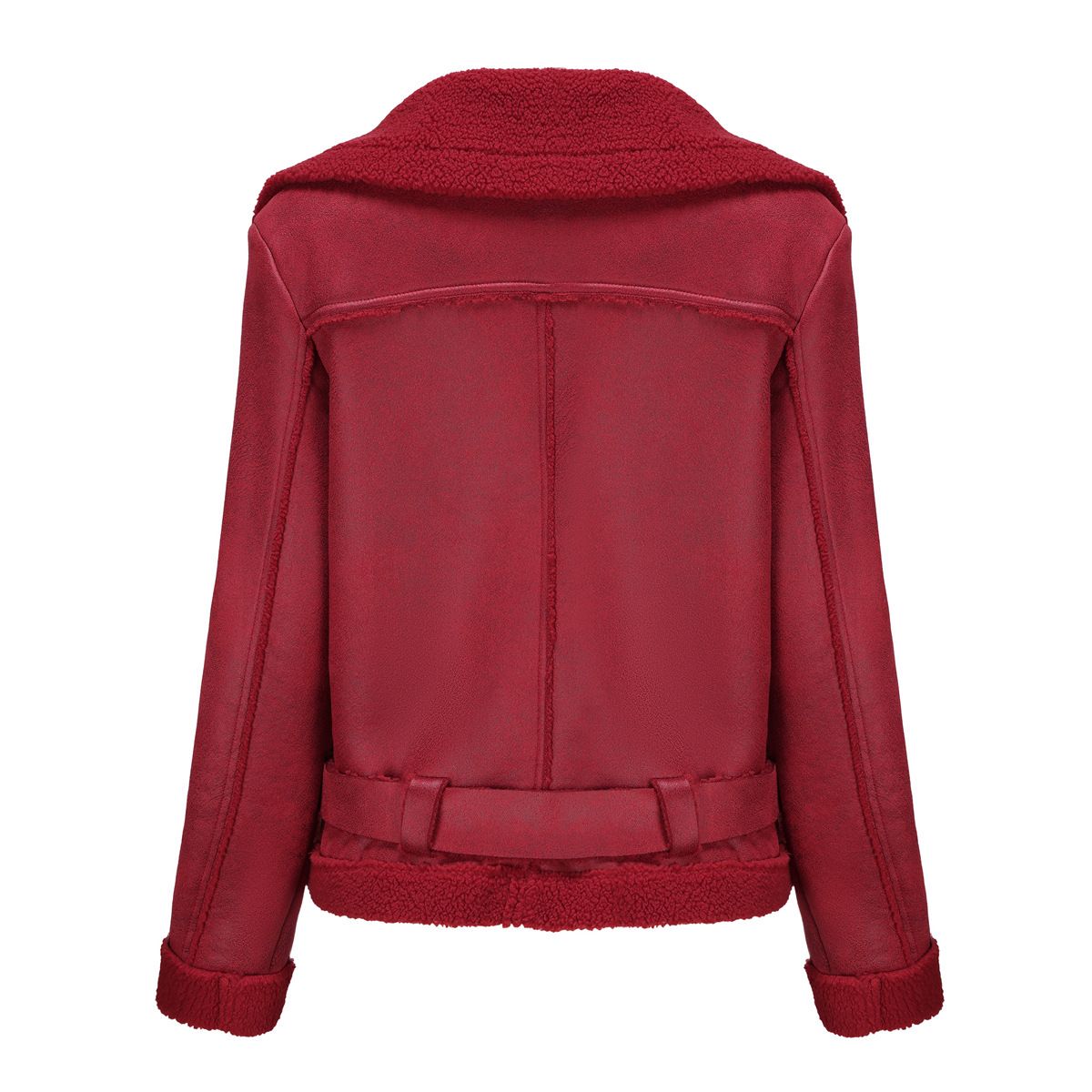 TIOZONEY - Chaqueta cálida de PU con cinturón para mujer - Rojo