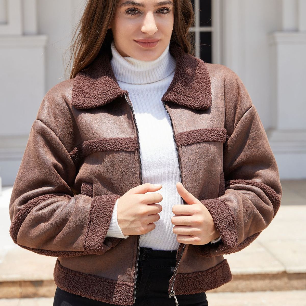 TIOZONEY - Chaqueta de PU acolchada de moda para mujer - Café