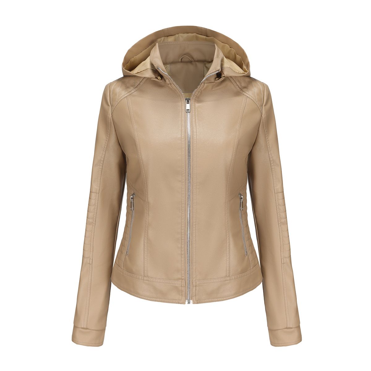 TIOZONEY - Chaqueta de PU con gorro desmontable para mujer - Beige