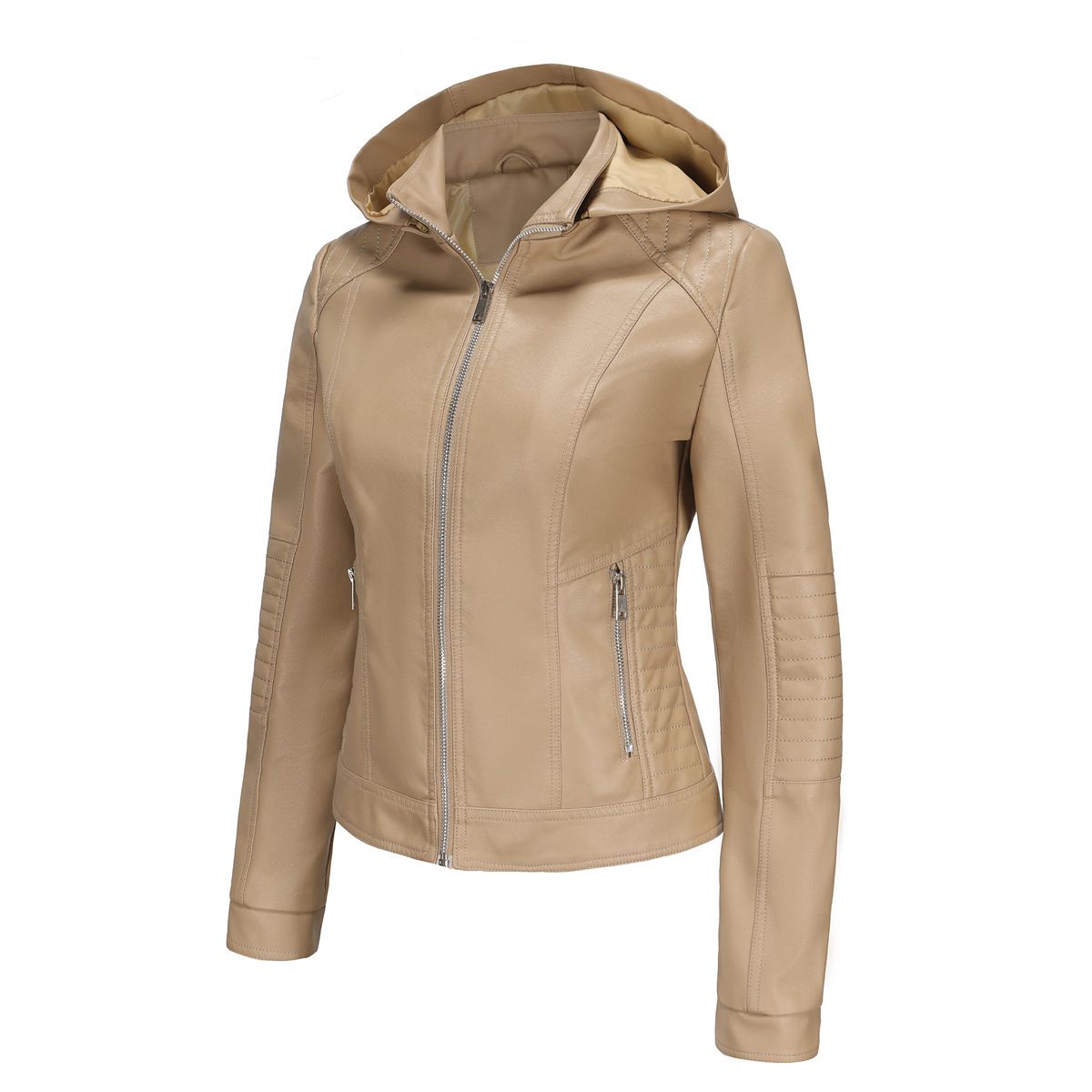 TIOZONEY - Chaqueta de PU con gorro desmontable para mujer - Beige