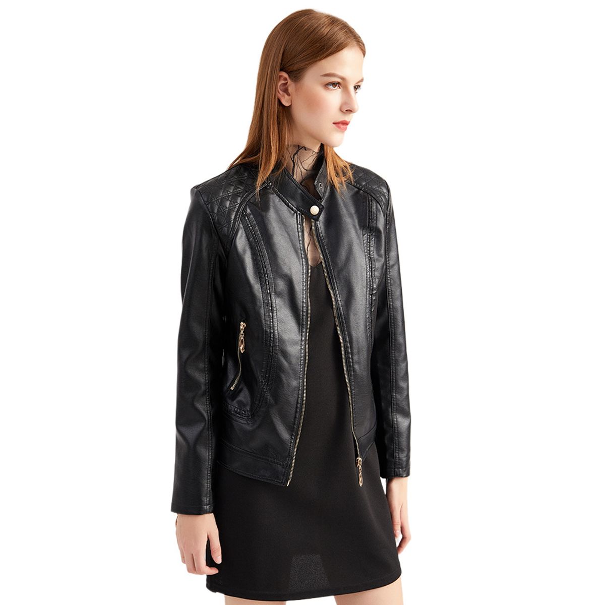 TIOZONEY - Chaqueta de PU casual PU cuello alto - Negro