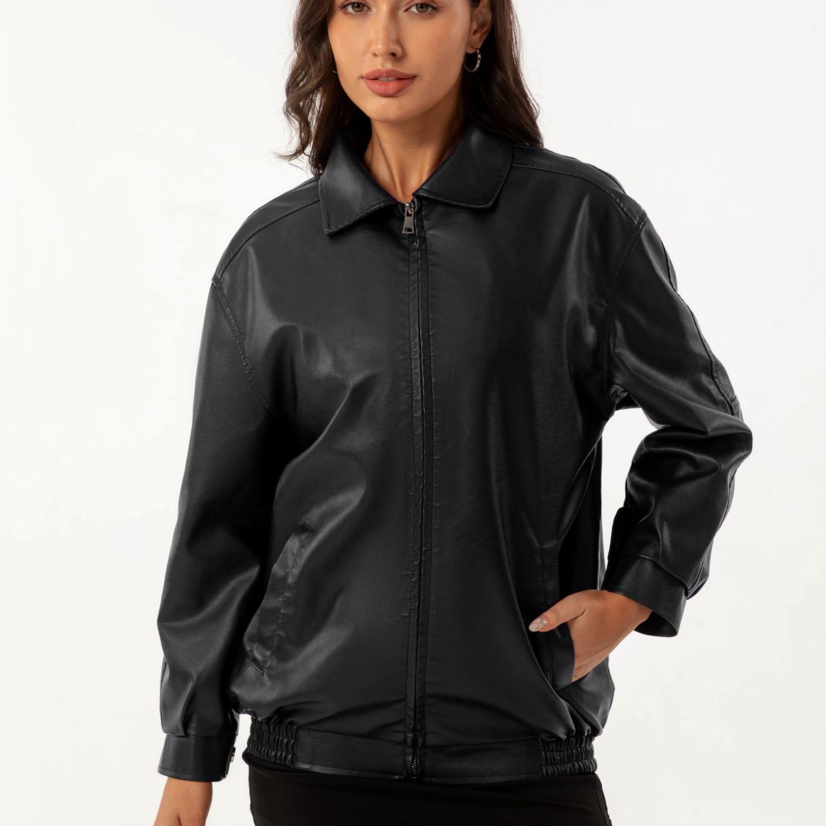 TIOZONEY - Chaqueta de piel con solapa- Negro