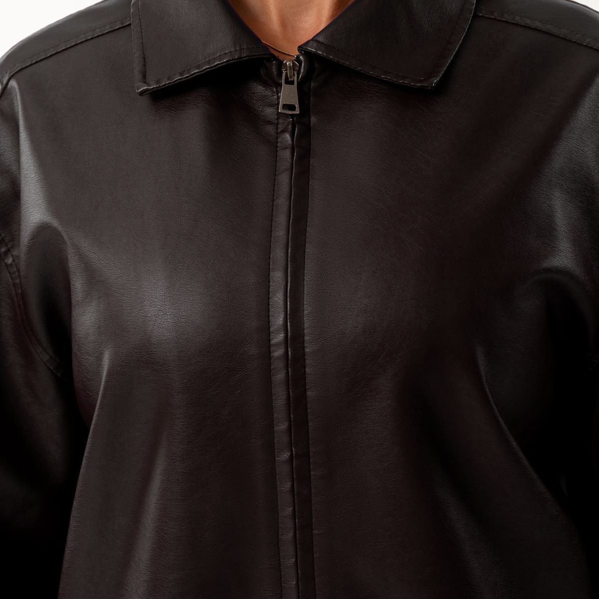 TIOZONEY - Chaqueta de piel con solapa- cafe