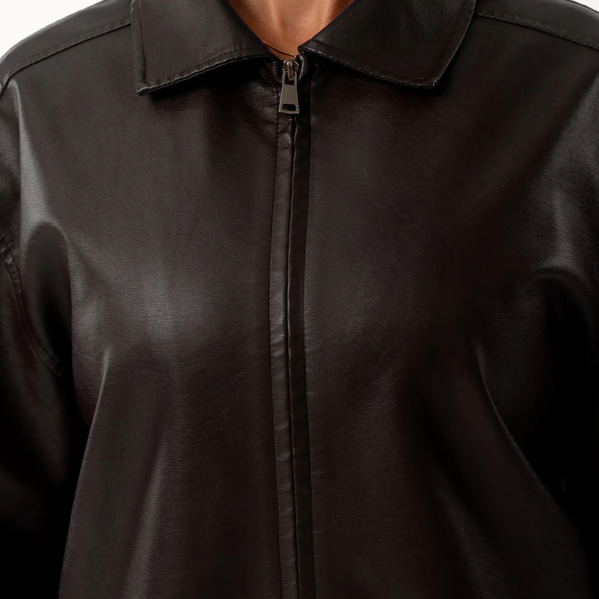 TIOZONEY - Chaqueta de piel con solapa- cafe