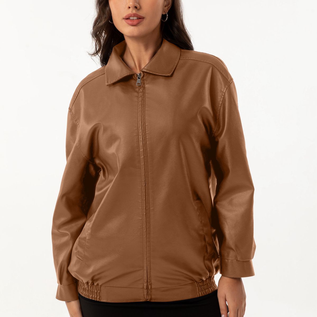 TIOZONEY - Chaqueta de piel con solapa- Marron