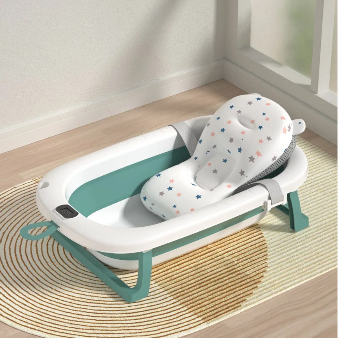 GENERICO - BAÑERA PARA BEBE PLEGABLE CON TERMOMETRO Y COJIN PREMIUM