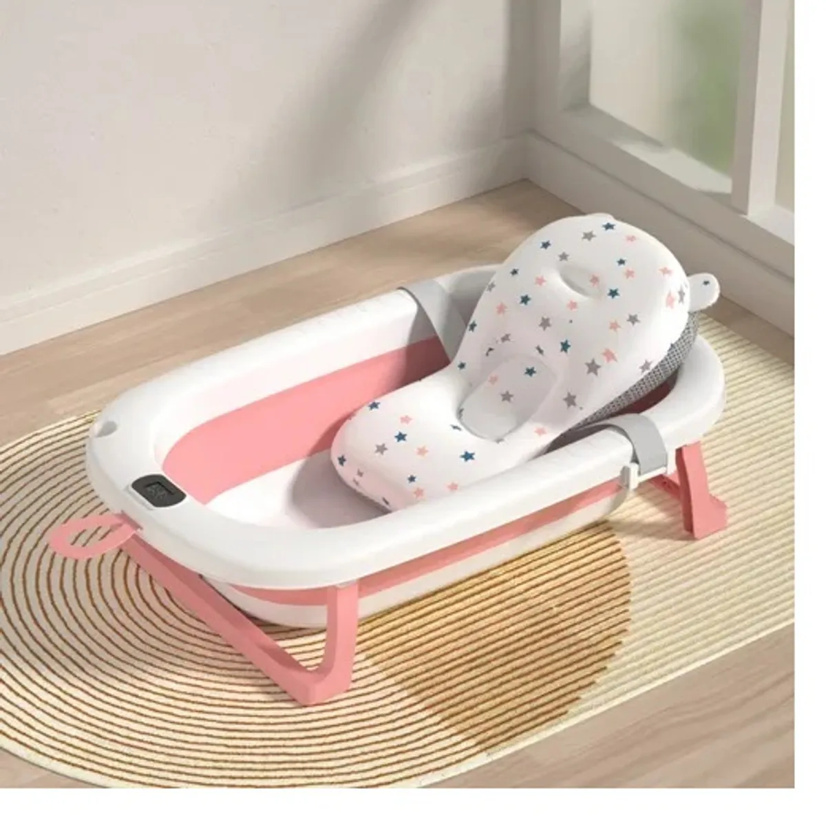 GENERICO - BAÑERA PARA BEBE PLEGABLE CON TERMOMETRO Y COJIN PREMIUM