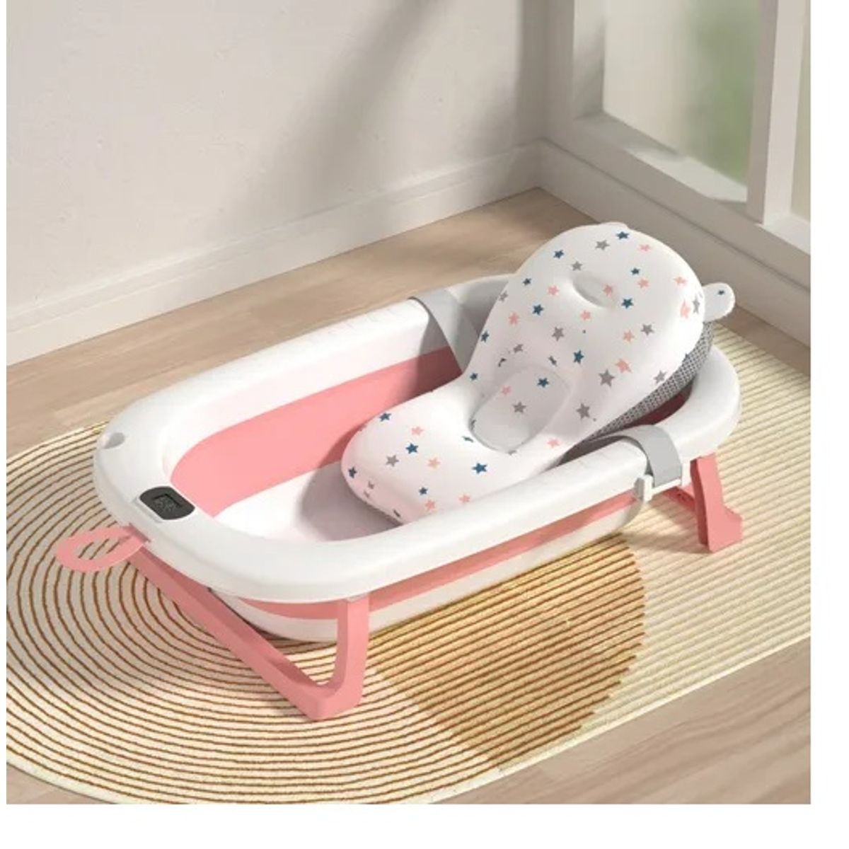 GENERICO - BAÑERA PARA BEBE PLEGABLE CON TERMOMETRO Y COJIN PREMIUM