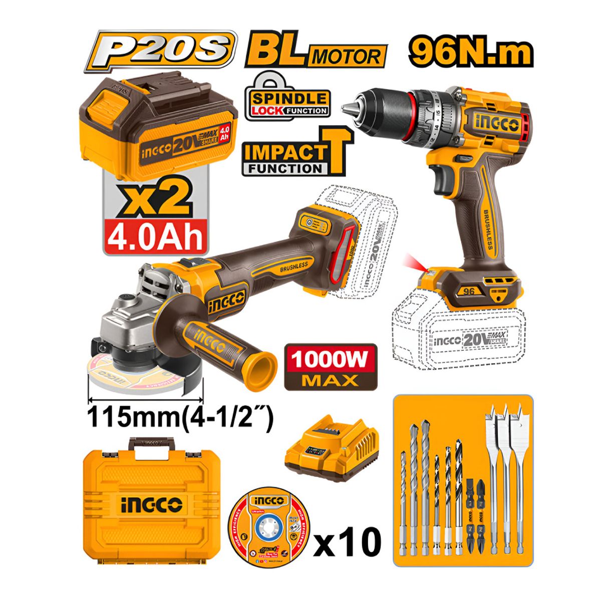 INGCO TOOLS - KIT TALADRO PERCUTOR 20V 96NM + AMOLADORA 20V 1000W 40AH COSLI241298